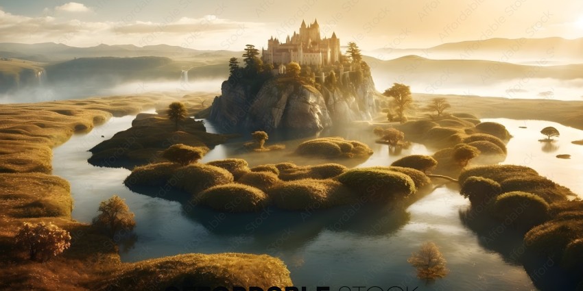 A castle sits on a rocky island in a lake
