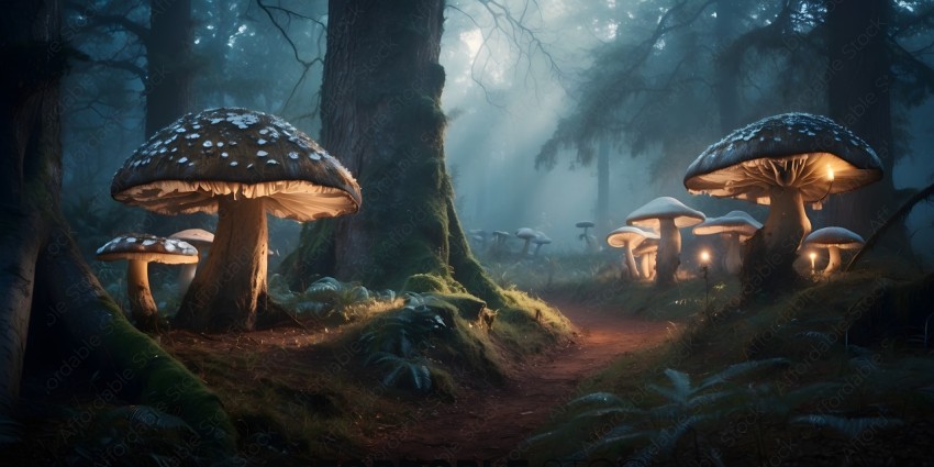 A forest path with mushrooms and trees