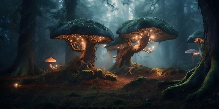Two mushrooms with lights on them