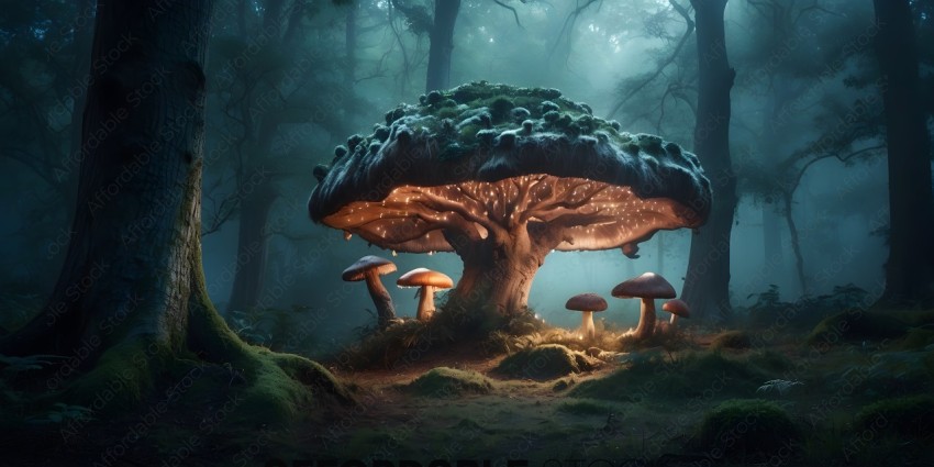 A mushroom tree with a light shining on it