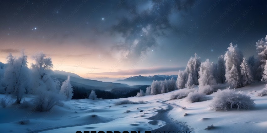 Snowy mountain landscape with a starry sky