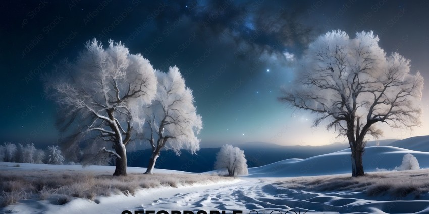 Snowy Trees and Sky at Night
