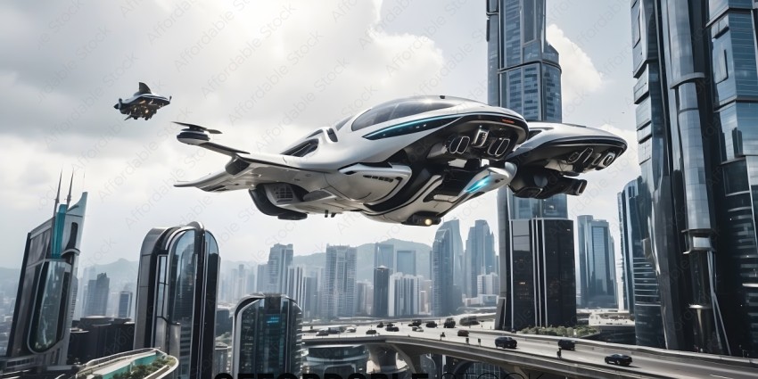 Futuristic Airplane Flies Over City