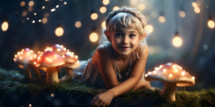 A young girl poses for a picture with mushrooms in the background
