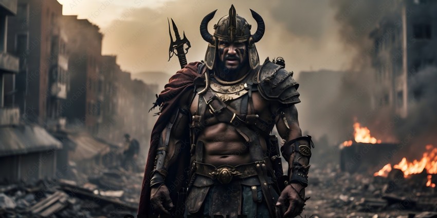 A man dressed in ancient armor stands in a destroyed city