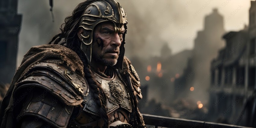 A man wearing a helmet and armor looks into the distance
