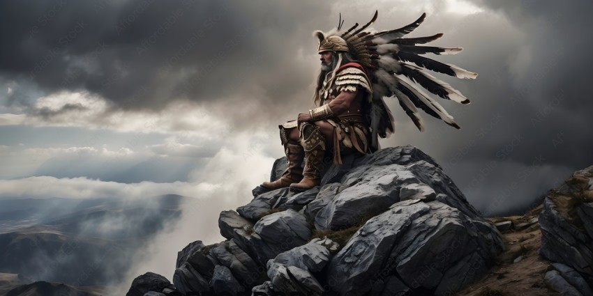 Native American warrior sitting on a rock overlooking a valley