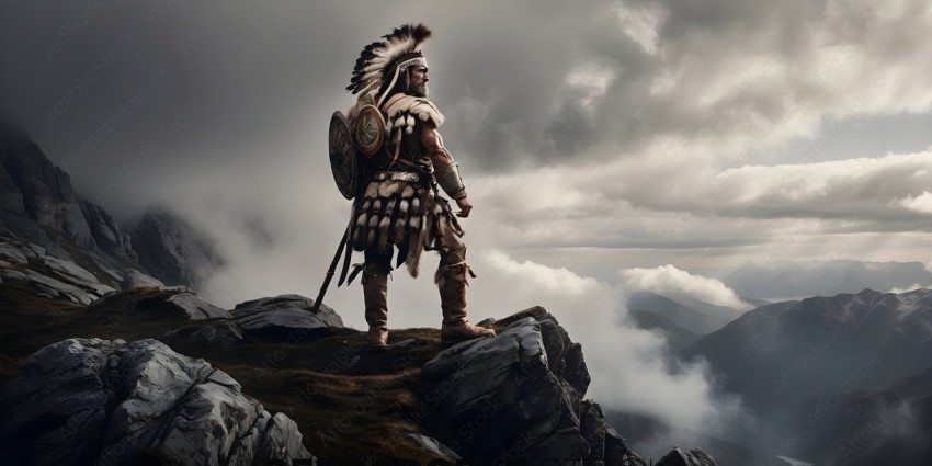 Native American warrior standing on a mountain top