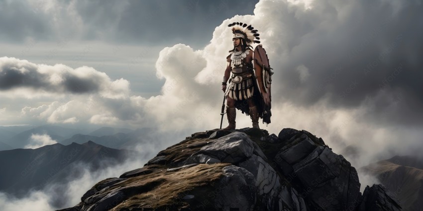 Native American warrior standing on a rocky cliff overlooking a valley