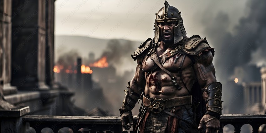 A man dressed in ancient armor stands in front of a burning city