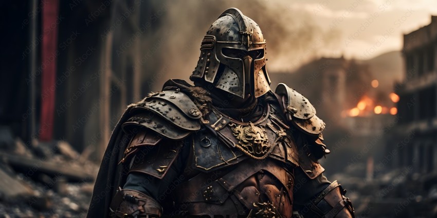 A man wearing a metal helmet and chain mail armor