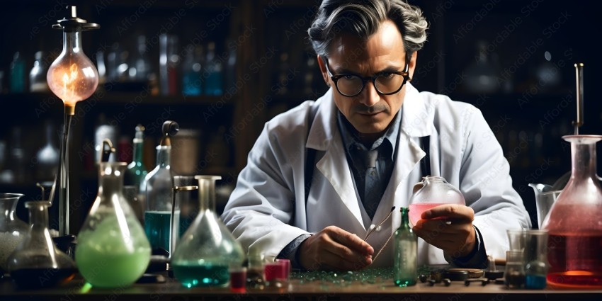 A scientist in a lab with a beaker of pink liquid