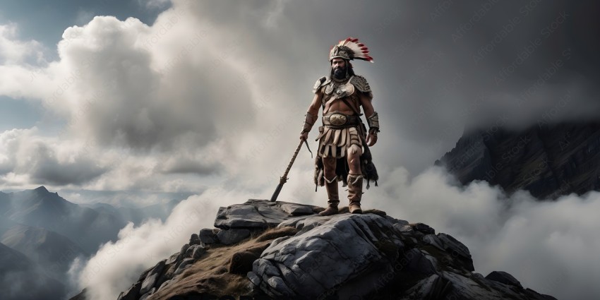 A Native American warrior stands on a rocky outcrop overlooking a valley