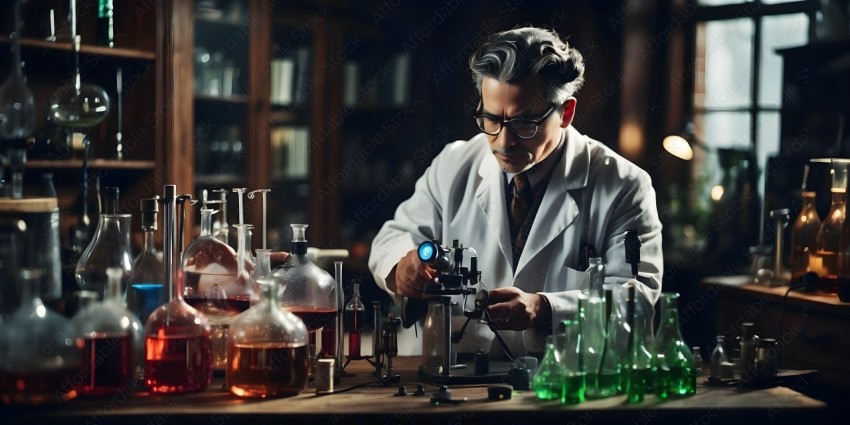 A scientist in a lab examining a sample under a microscope