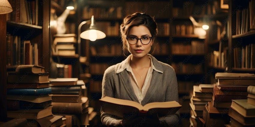 A woman reading a book in a library