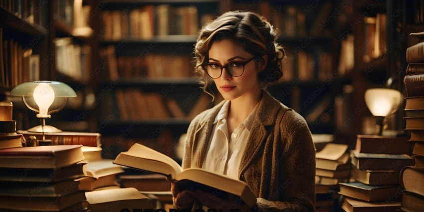 A woman in a library reading a book