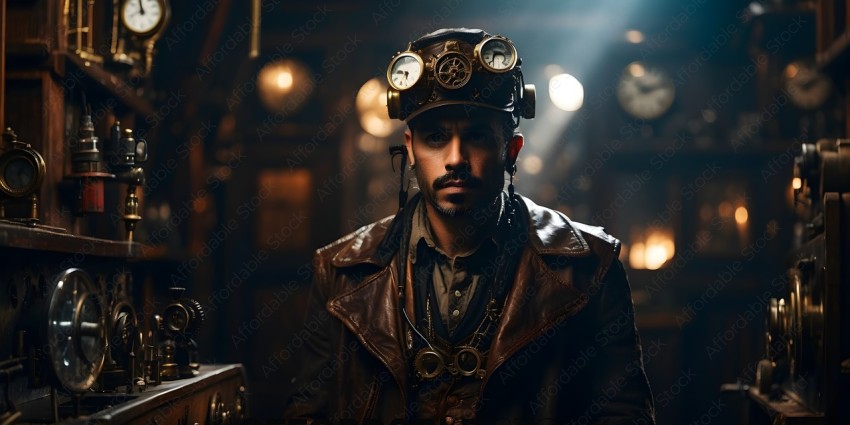 A man wearing a leather jacket and a hat with goggles on it