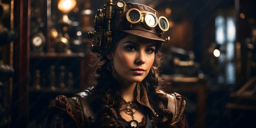 A woman wearing a steampunk hat and goggles