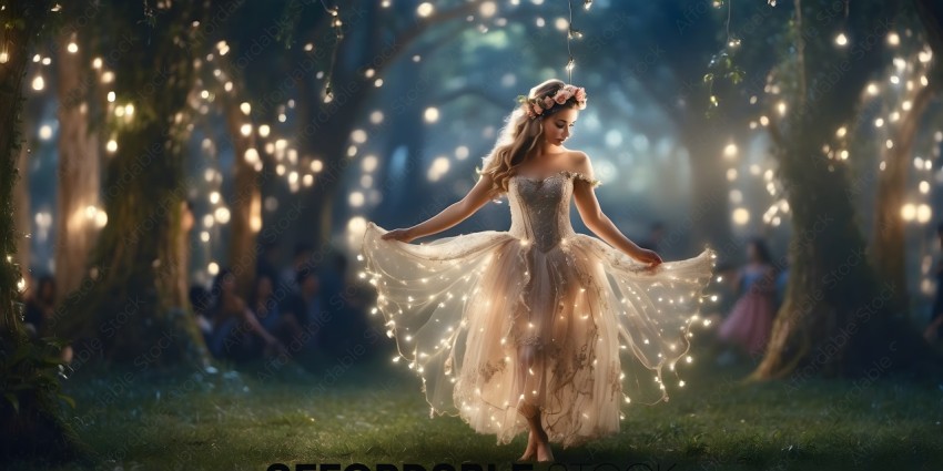 A woman in a white dress with lights on it