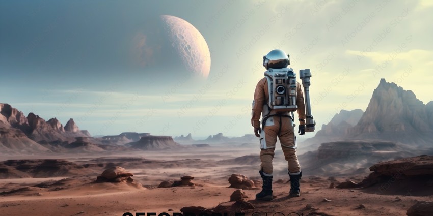 Astronaut in a suit standing on a barren planet with a large planet in the background