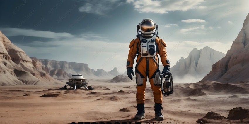 Astronaut in a yellow suit standing in the desert
