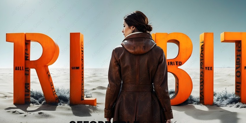 A woman in a brown coat standing in front of a sign that says "LB"