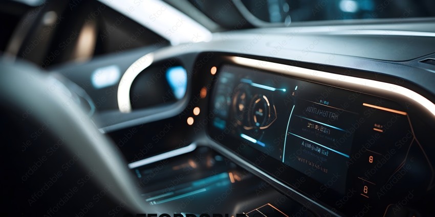 A futuristic car with a screen on the dashboard