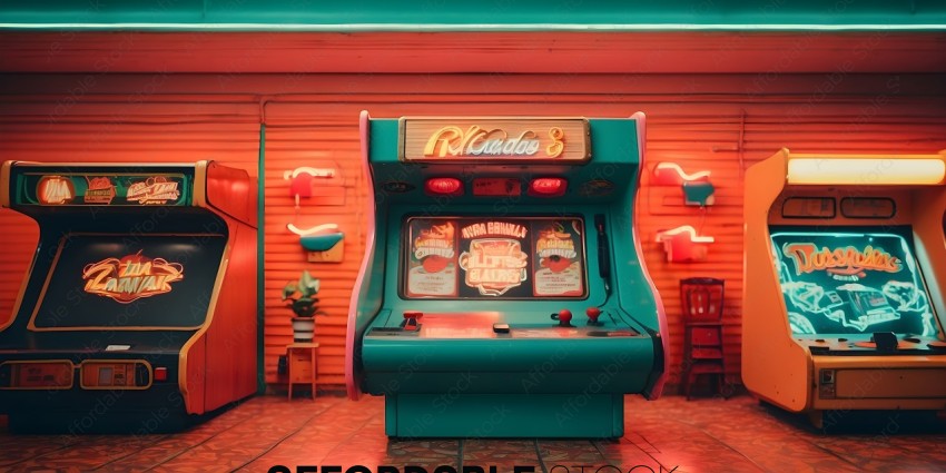 A vintage arcade game with a pink and green color scheme