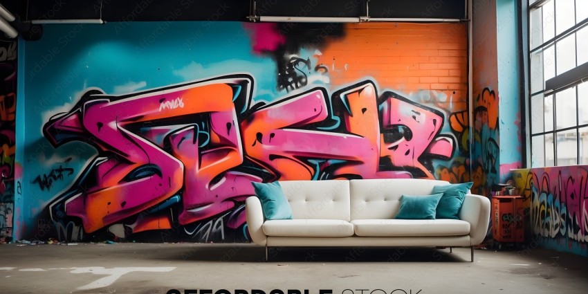 White Couch with Graffiti Wall in Background