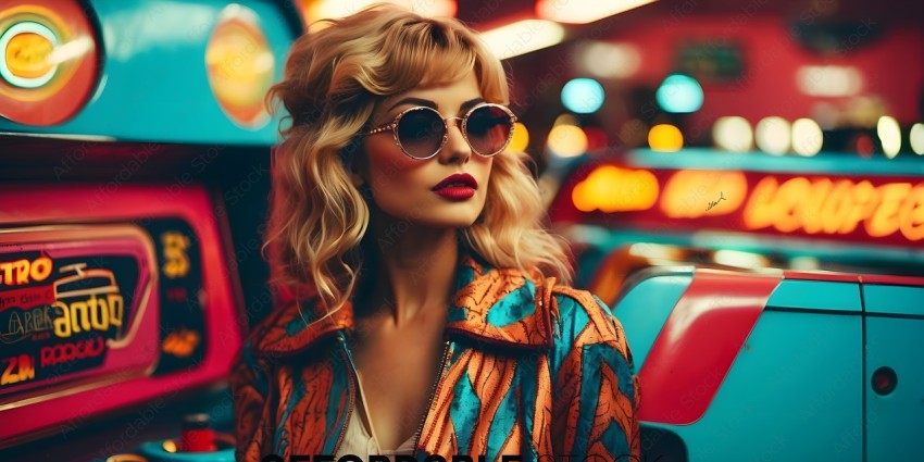 A blonde woman wearing a colorful jacket and sunglasses