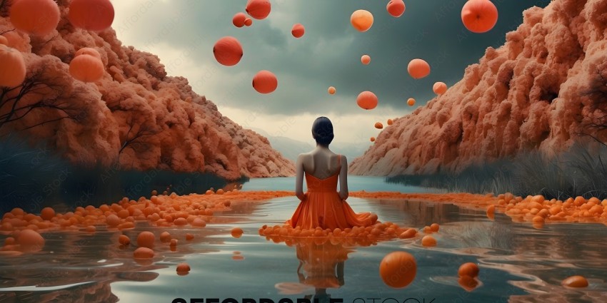 A woman in a red dress sits in a body of water surrounded by floating oranges