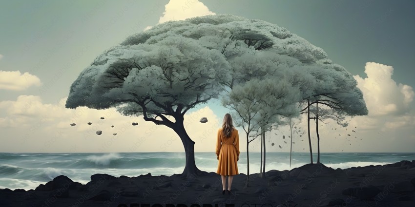 A woman in a yellow dress stands under a tree with a rock in the air