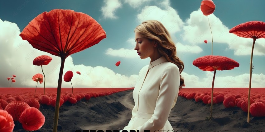 A woman in a white coat looks out over a field of red flowers