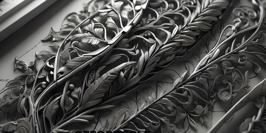 A close up of a metal art piece with a leaf design