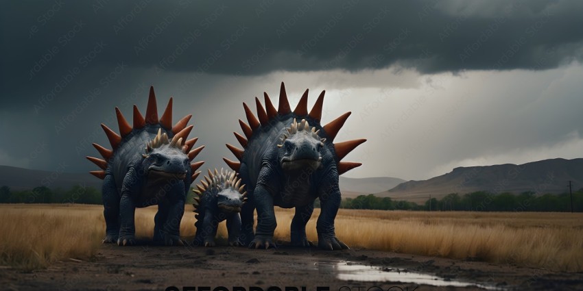 Three dinosaurs standing in a line
