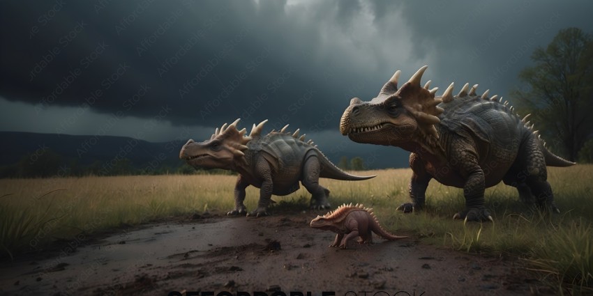 Dinosaurs in a stormy sky