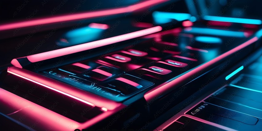 A keyboard with pink and blue lights