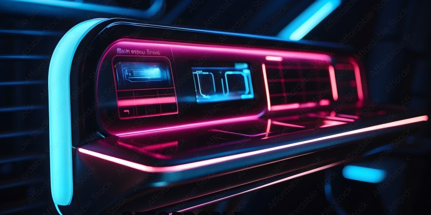 A futuristic control panel with a pink glow