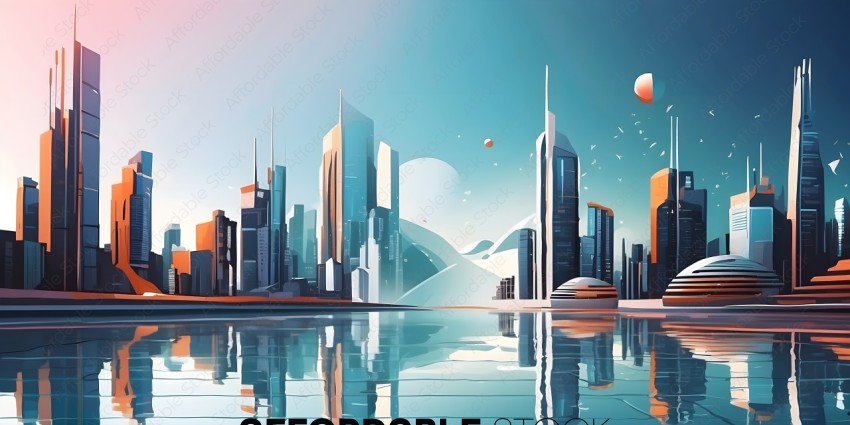 Futuristic Cityscape with Space Shuttle and Mountains