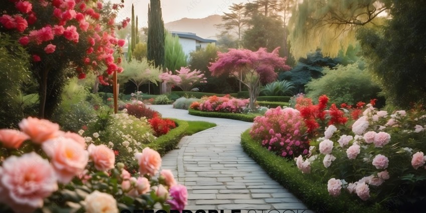 A beautiful garden with a pathway surrounded by flowers