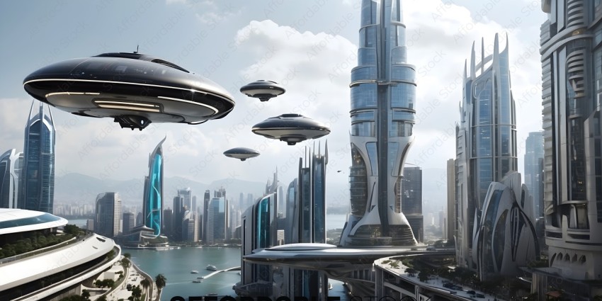 Futuristic Cityscape with Alien Spaceships