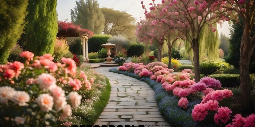 A beautiful garden with a pathway and a fountain