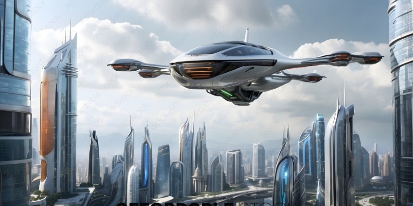 Futuristic Cityscape with Jet Airplane