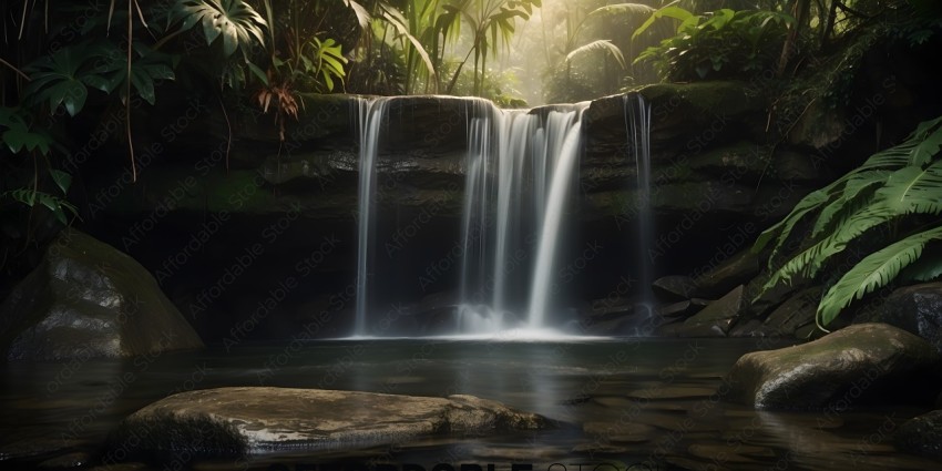 A waterfall in a jungle with a rock in the foreground
