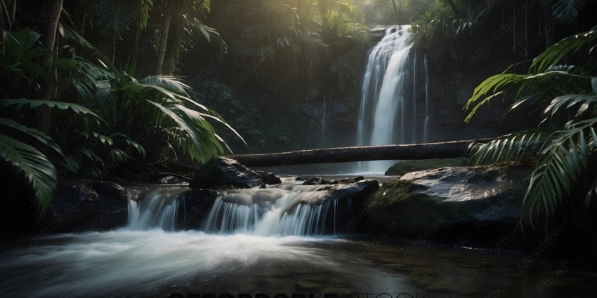 A waterfall in a jungle with a log in the foreground