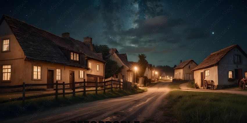 A village at night with a dirt road and houses