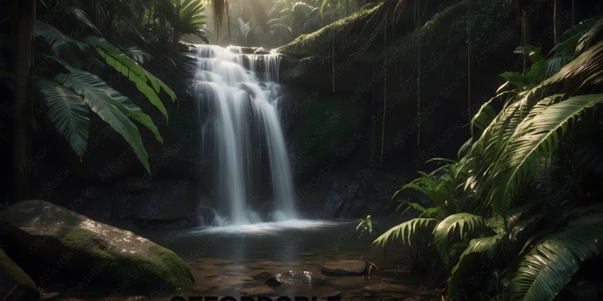 A waterfall in a jungle with a rock wall and plants