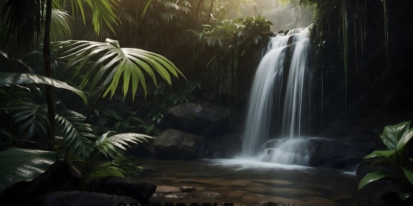 A waterfall in a jungle with palm trees
