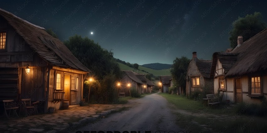A village at night with a star in the sky