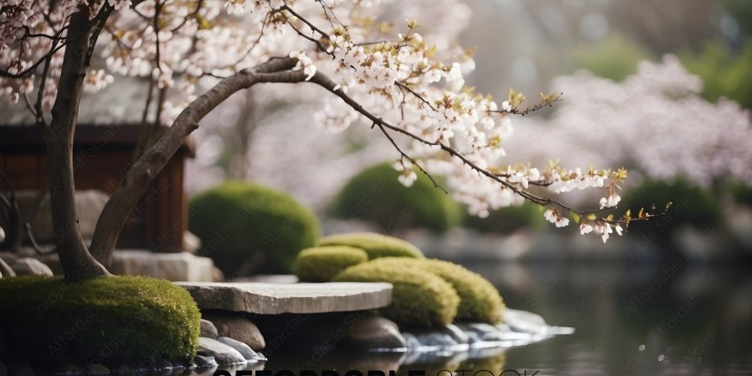 A view of a garden with a pond and a tree with blossoms